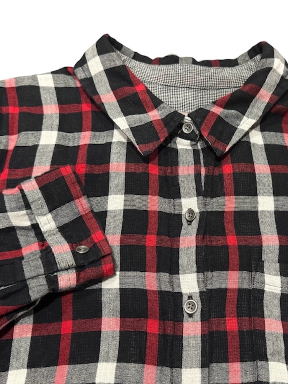 J Jill Shirt Womens Medium Petite Long Sleeve Red Black Plaid Button Roll Tab